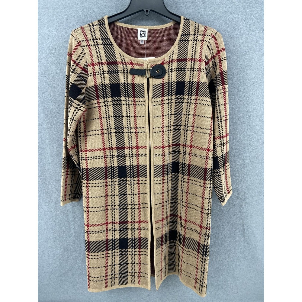 Anne Klein Sweater Womens Medium Plaid Buckle Cardigan Long Equestrian Preppy